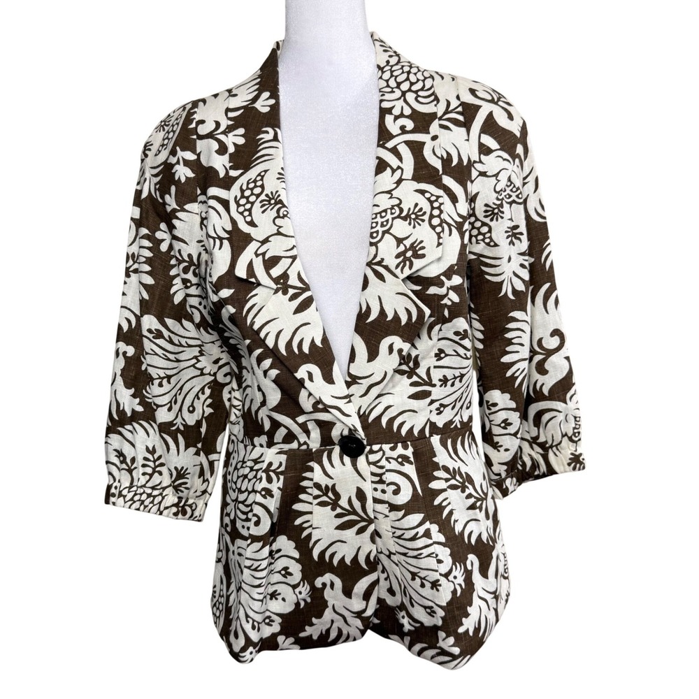 3 Sisters Blazer Women Small Brown Cream Floral Damask 3/4 Sleeve Single Button